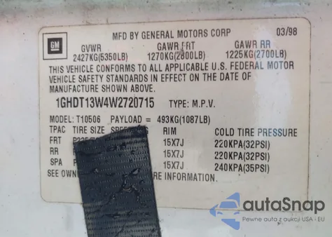 1998 Oldsmobile Bravada из США, поврежденный, VIN 1GHDT13W4W2720715